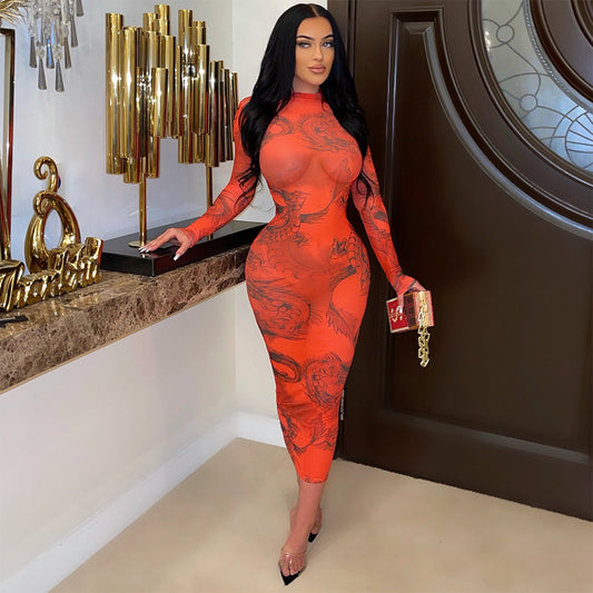 Women's Skinny Mesh Print Sheer Long Sleeve Night Out Party Dress