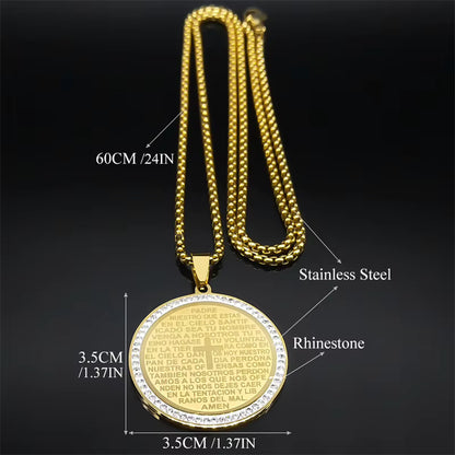 Women Men Stainless Steel Jesus Lord Prayer God Cross Bible Spanish Verse Necklace