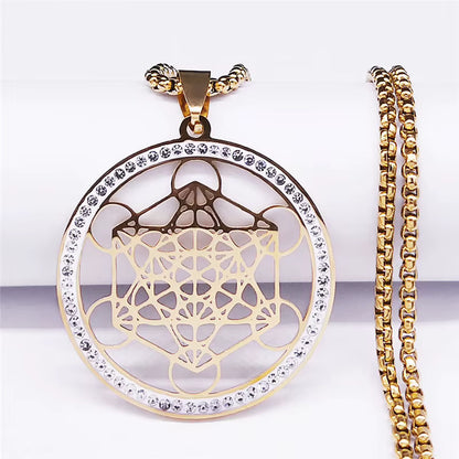 Women Metatron Sacred Geometry Symbol Flower of Life Stainless Steel Crystal Pendant Necklace