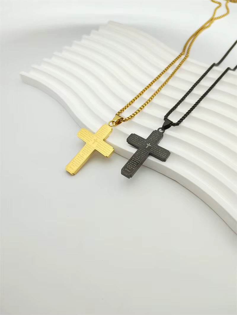 Women Men Stainless Steel Gold Color Religion Prayer Catholic Scriptures Cross Bible Pendant Necklace