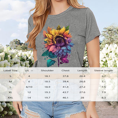 Women's Short Sleeve Round Neck Colorful Sunflower Print Tees Shirt Tops