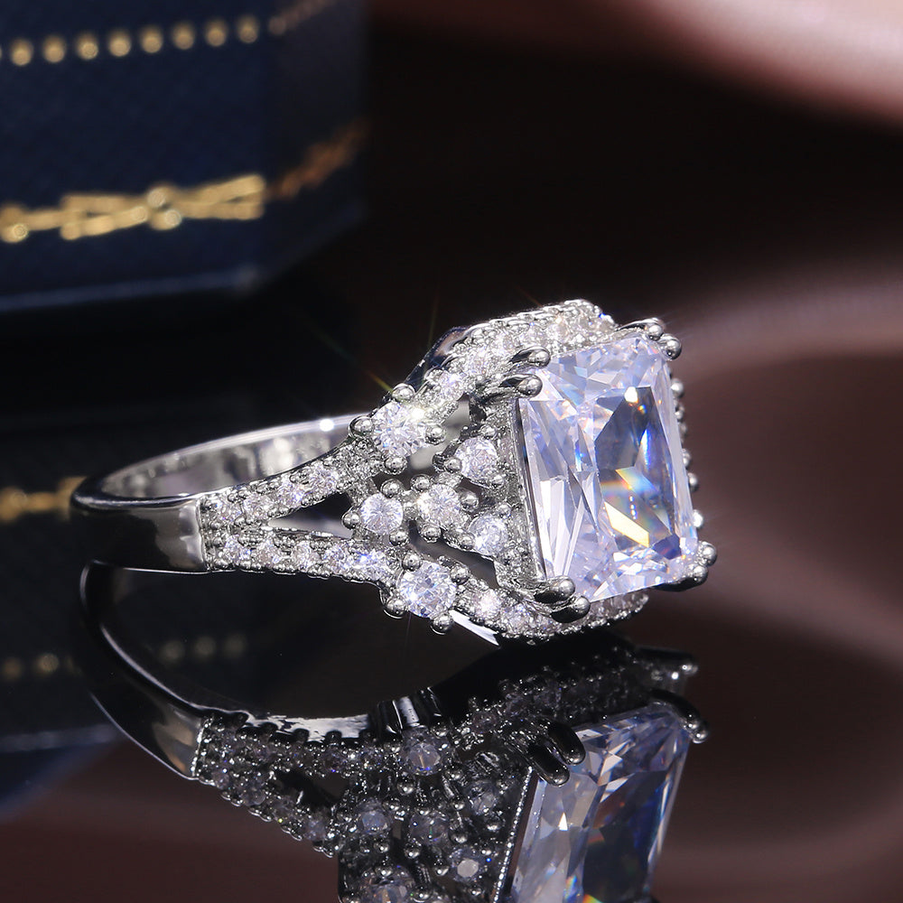 Women Silver Color Princess Cut Square Crystal Zircon Stone Wedding Engage Party Rings