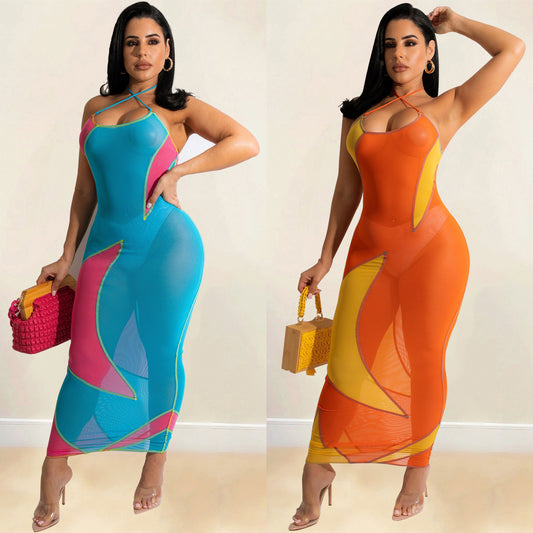 Women's Fashion Mesh See-Through Colorblock Night Out Party Dress