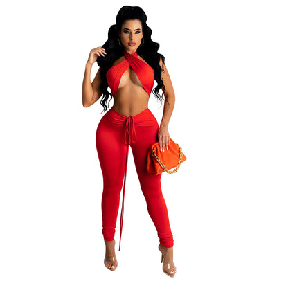 Fashion Sexy Nightclub Party Two-Piece Tops Wrap Breast Pant Trousers