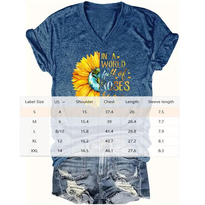 Women's V-Neck 'In A World Full of Roses Be a Sunflower' Graphic Print Tee T-shirt