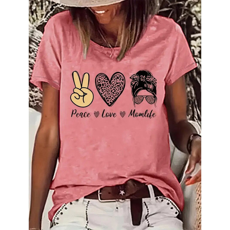 Peace Love Mom Life Hearts Women's Round Neck Short Sleeve T-Shirt Tees Tops