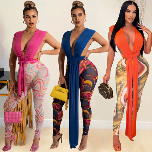 Sexy Fashion Mesh Print Two Piece Nightclub Party Pant Suit