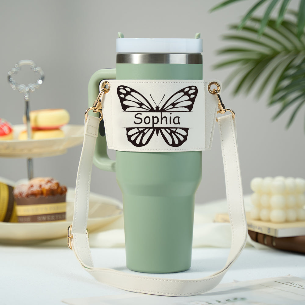 Personalized Butterfly Adjustable Strap Drink Water Bottle Sleeves Carrier Gift Bag - 40oz Stanley Tumbler