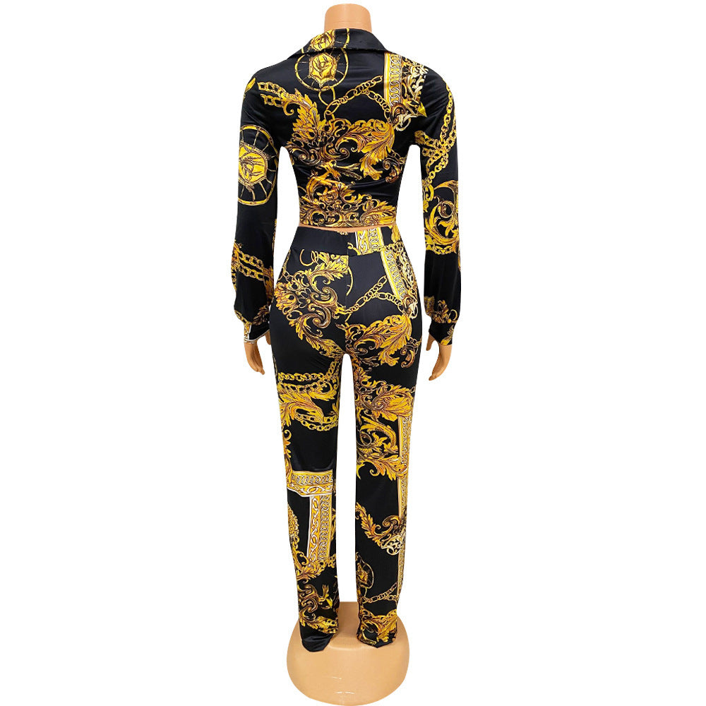 Sexy Milk Silk Printing Two-Piece Nightclub Tops + Pant Trouser Suit