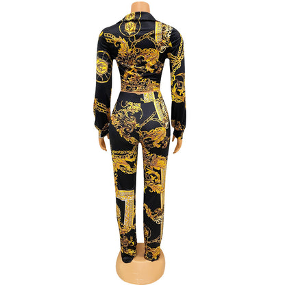 Sexy Milk Silk Printing Two-Piece Nightclub Tops + Pant Trouser Suit
