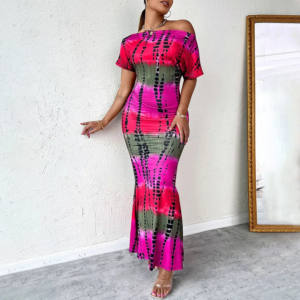 Women Printed Short Sleeve Diagonal Neck Slim Long Party Evening Dress