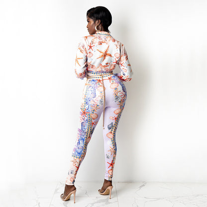 Sexy Digital Printing Fashion Club Party Tops Trouser Pant Suit