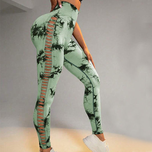 Sexy Women Hollow Tie Dye Printed Yoga Pants High Waist Butt Lift Seamless Sports Leggings