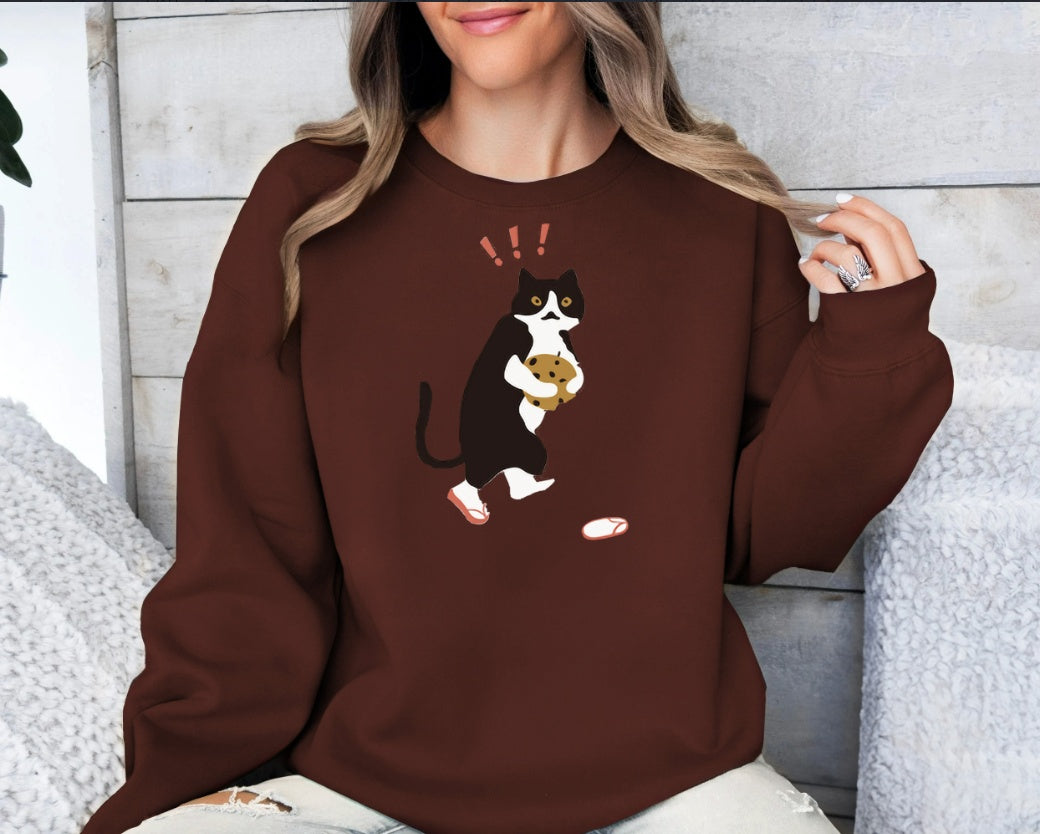 Women Fashionable Solid Color Cat Printed Long Sleeved Sweatshirt Pullover