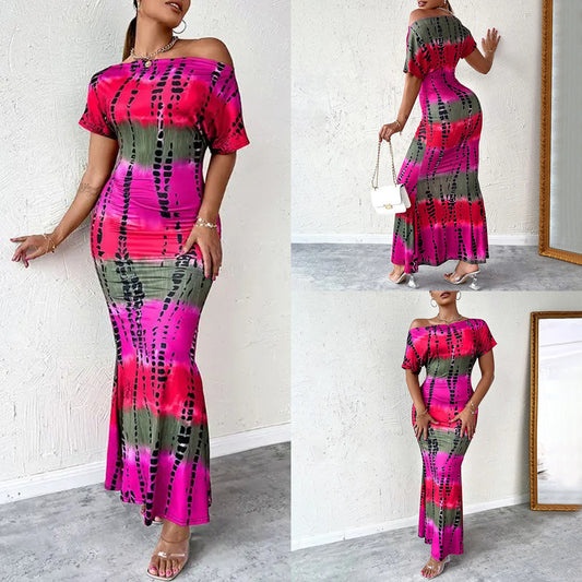 Women Printed Short Sleeve Diagonal Neck Slim Long Party Evening Dress