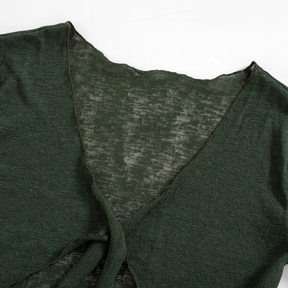 Women Mesh See-through Strap Long-sleeved Wrap Tops Skirt