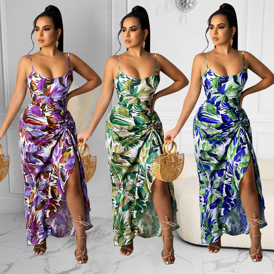 Sexy Sling Irregular Printed Long Skirt Party Dress