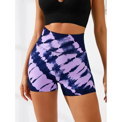 Women Tie-dye Side Bow Hollow High Waist Hip Butt Lifting Sports Yoga Gym Scrunch Cycling Biker Shorts Pants