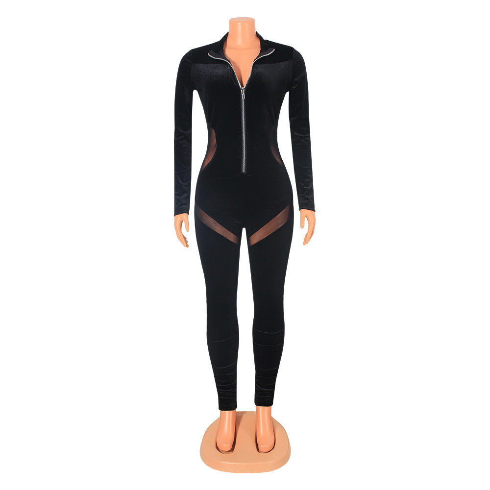 Sexy Skinny Gold Velvet Stitching Long-Sleeved Nightclub Party Jumpsuit