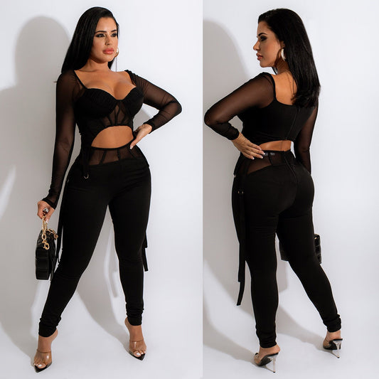 Sexy Mesh See-Through Long-Sleeved Two-Piece Party Tops Trouser Suit