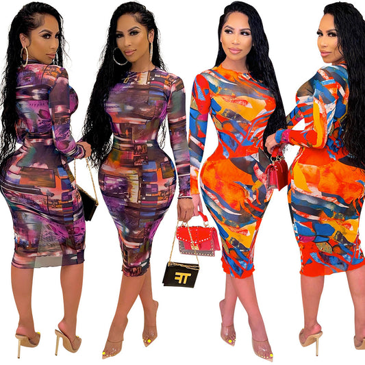 Sexy Tight Mesh Transparent Long Sleeve Nightclub Party Dress