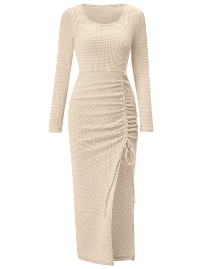 Women U-neck Split Drawstring Long-sleeved Knit Fashion Party Dress