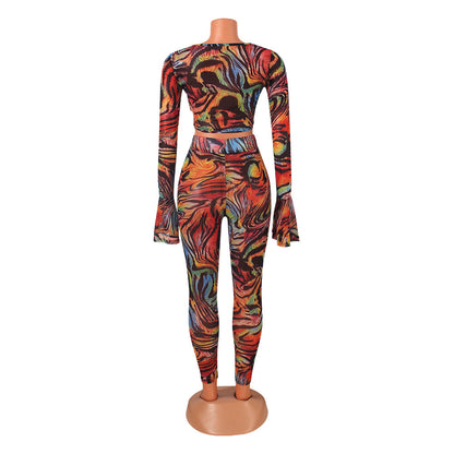 Two Pieces Sexy Fashion Net Gauze Print Slim Sleeve Night Party Tops Pant Trouser