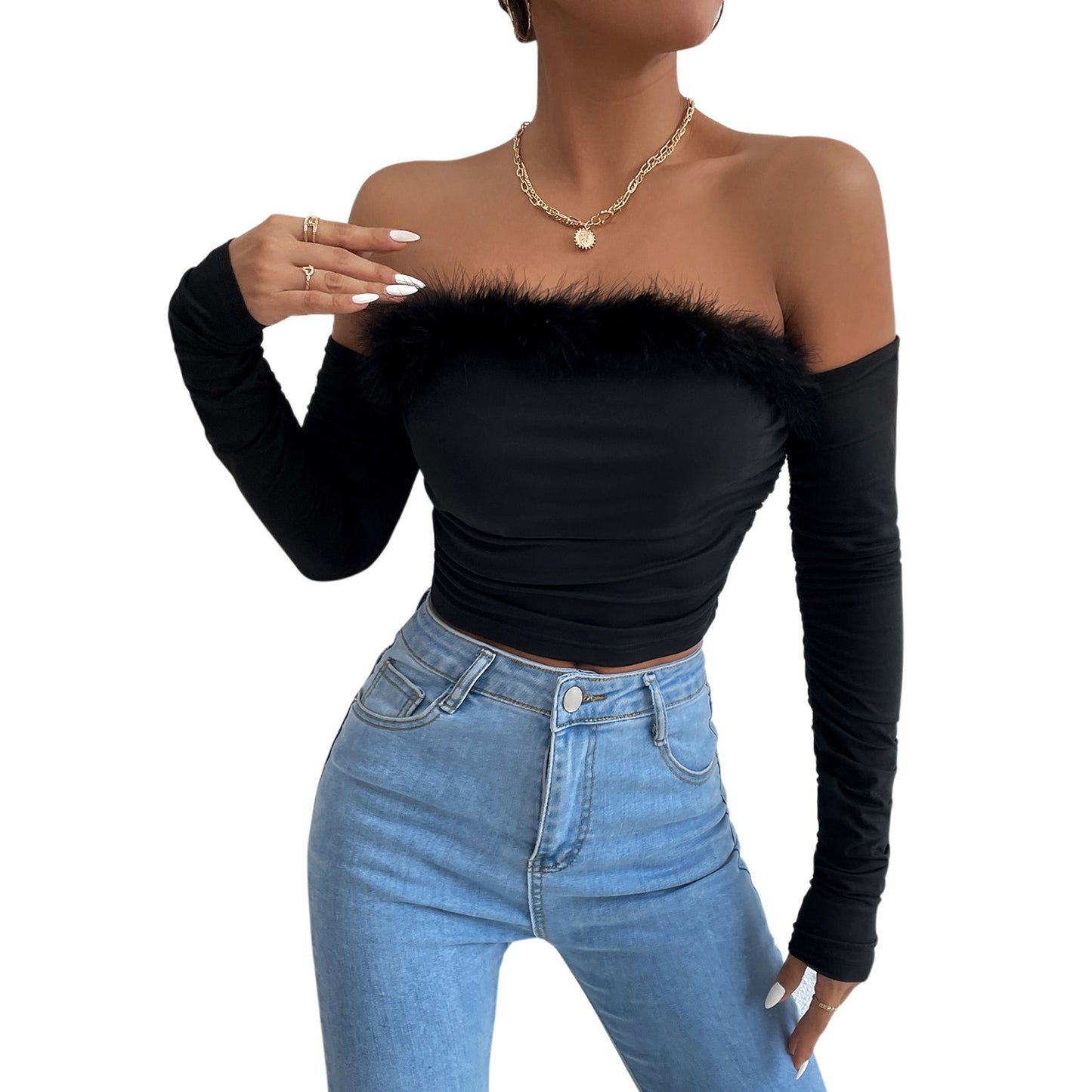 Vintage A Strapless Hair Neck Long-sleeved Tops Backless Shoulder Blouse