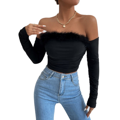 Vintage A Strapless Hair Neck Long-sleeved Tops Backless Shoulder Blouse