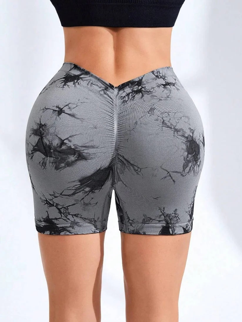 Women Tie Dye High Waist V-Back Scrunch Seamless Sport Workout Bottoms Yoga Shorts Pant