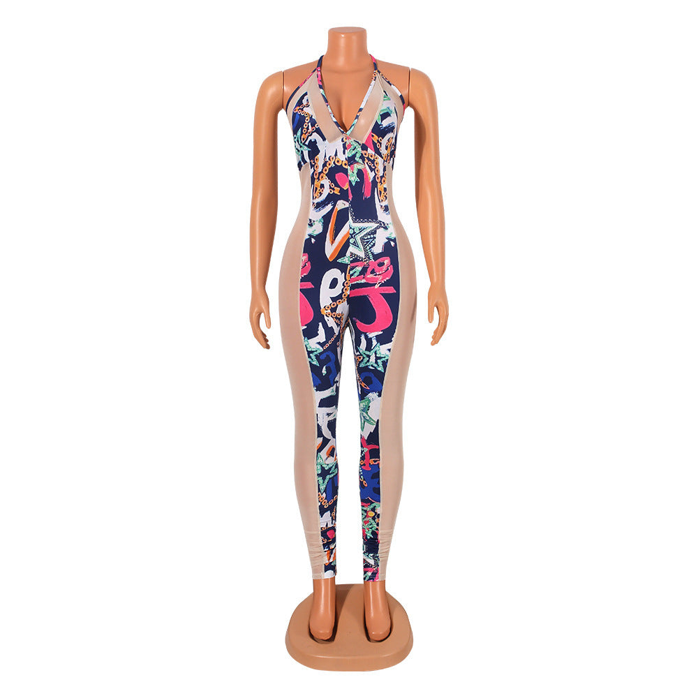 Fashion Sexy Mesh Tight-Fitting Suspender Clubbing Party Jumpsuit