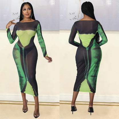 Sexy Fashion Mesh Print Long Sleeve Midi Might Club Party Dress