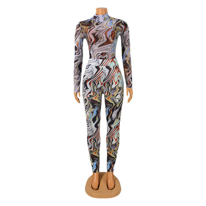 Sexy Mesh Printed Long-Sleeved Skinny Nightclub Party Jumpsuit
