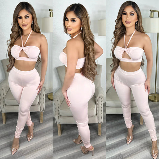 Women's Skinny Cutout Tie Two Piece Nightclub Party Tops Pant Set