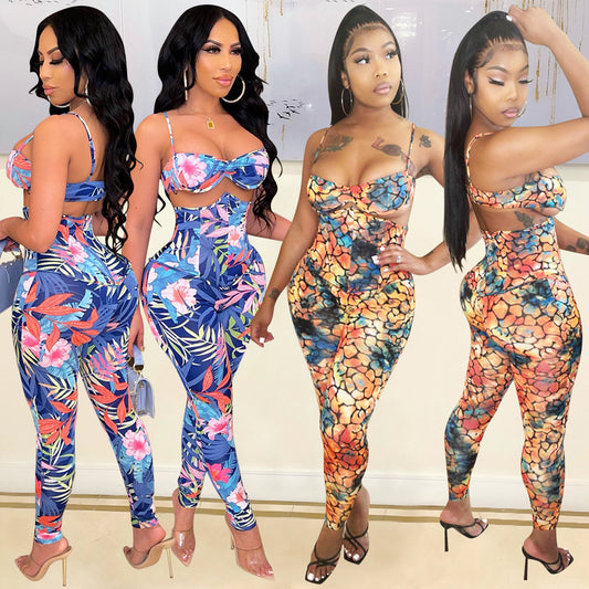 Two-Piece Sexy High-Waisted Printed Suspenders Clubbing Night Tops + Pant Trousers