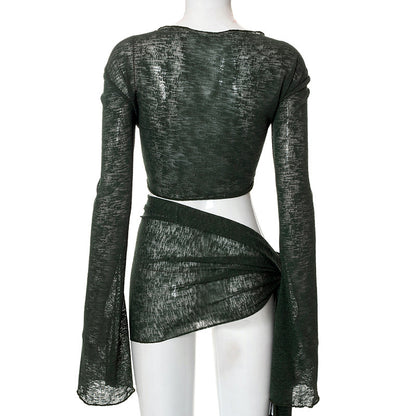 Women Mesh See-through Strap Long-sleeved Wrap Tops Skirt
