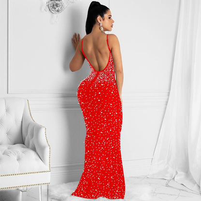 Sexy Fashion Night Club Hot-drilled Beaded Suspender Party Dress