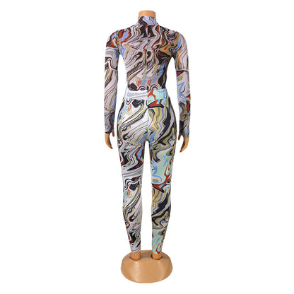 Sexy Mesh Printed Long-Sleeved Skinny Nightclub Party Jumpsuit