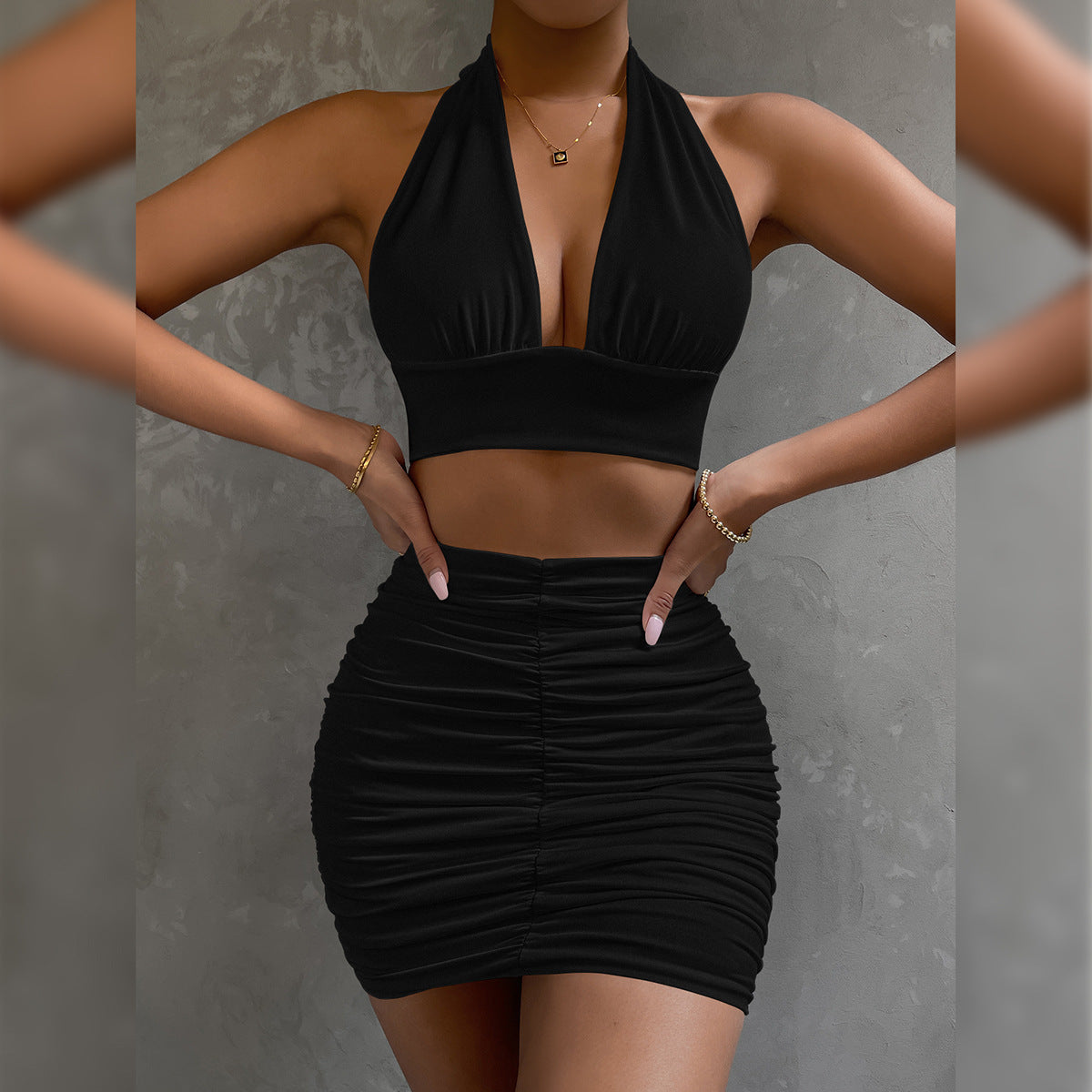 Two-pieces Women Halter Necktie Umbilical Fold V-neck Sling Bag Hip Skirt Set