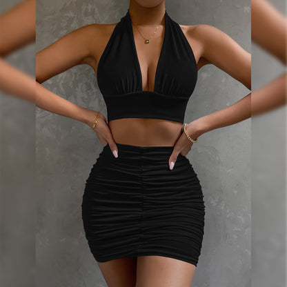 Two-pieces Women Halter Necktie Umbilical Fold V-neck Sling Bag Hip Skirt Set