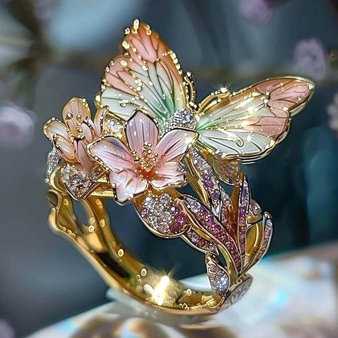 Animal Insect Fashion Adjustable Gold Plated Crystal 3D Shining Diamond Drop Oil Butterfly Flower Rings