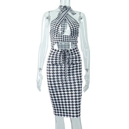 Sexy Backless Lace-Up Halter Cutout Smocked Pack Hip Party Dress