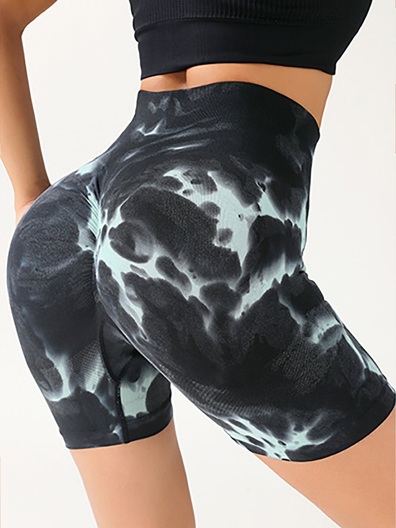 Women High Waist Tummy Control Tie-Dye Ruched Booty Lifting Workout Gym Exercise Running Shorts