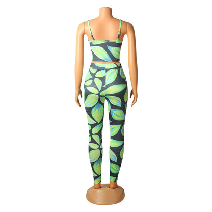 Women Digital Printed Sexy Two-Piece Strap Tops + Pant Trouser Set