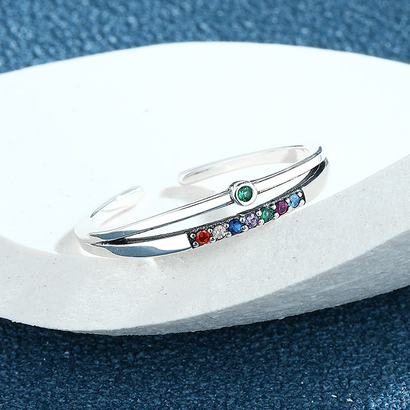Women S925 Silver Retro Rainbow Zircon Double Layer Rings