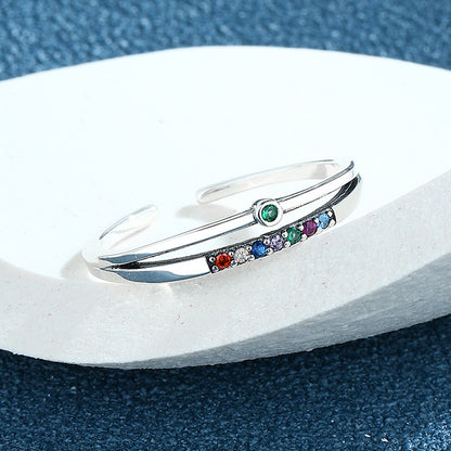 Women S925 Silver Retro Rainbow Zircon Double Layer Rings
