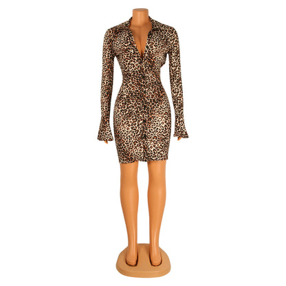 Sexy Leopard Print Long Sleeve Flared Sleeve Night Shirt Mini Party Dress