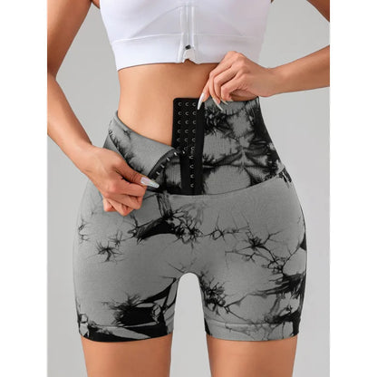 Women Tie Dye Button Sports Shorts High Waist Butt Lift Yoga Fitness Running Fitness Pants