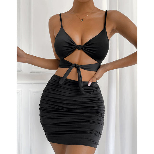 Sexy Hollow Tie Bag Hip Pleated Skirt Tops Suspender Two-piece Dress Set