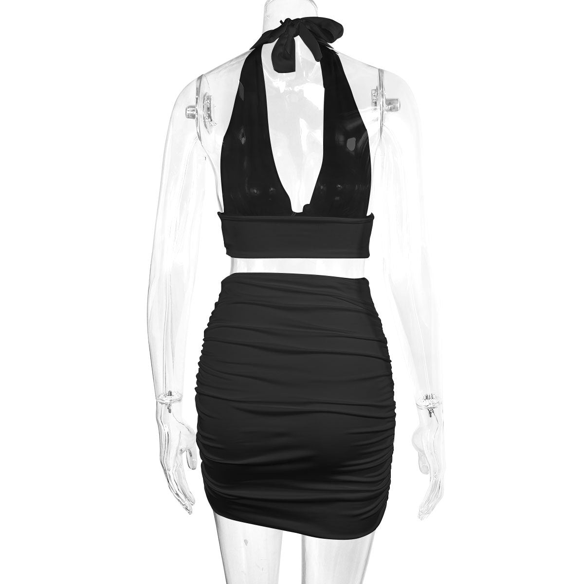 Two-pieces Women Halter Necktie Umbilical Fold V-neck Sling Bag Hip Skirt Set
